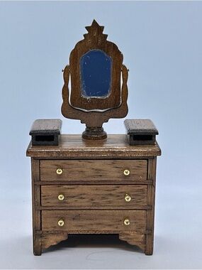 VTG Dollhouse Miniatures Furniture Brown Tone Wood Dresser with Tilting Mirror